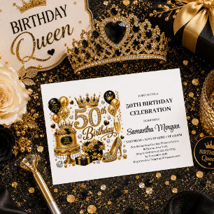 Luxe Gold And Black Glitter Fifty And Fabulous Inv Invitation