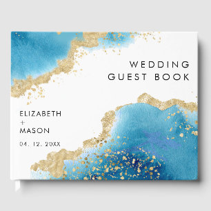 Luxe Gold and Blue Abstract Ocean Beach Wedding Guest Book