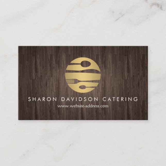 Luxe Gold and Woodgrain Catering, Restaurant, Chef Business Card (Front)