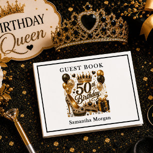 Luxe Gold Black Confetti 50th Birthday Celebration Guest Book