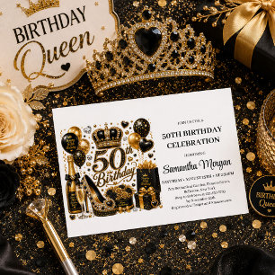 Luxe Gold Black Glitter Fifty And Fabulous Party I Invitation