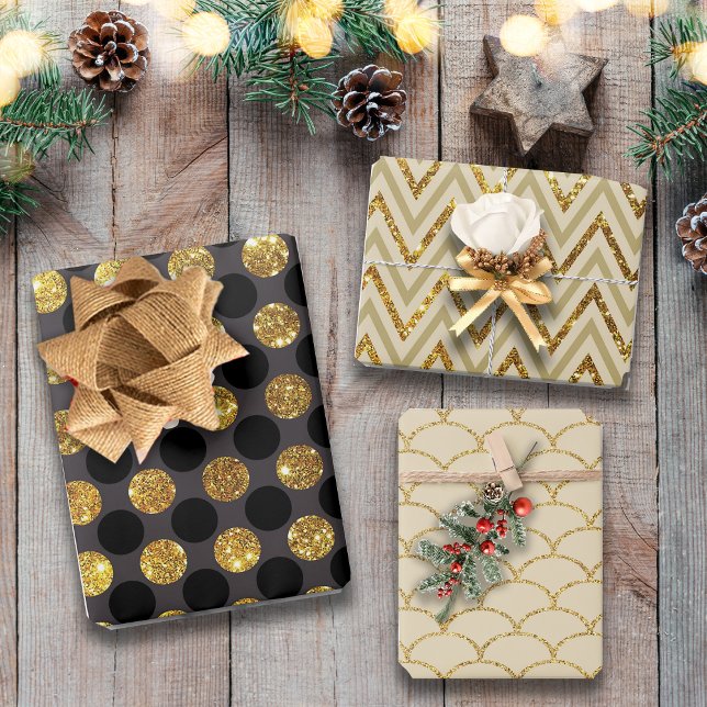 Luxe Gold Black Polka Fan Patterns Glitter Wrapping Paper Sheet (Creator Uploaded)
