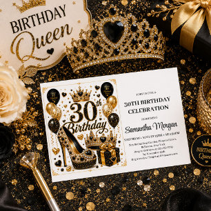 Luxe Gold Black Sparkle 30th Birthday Invitation D