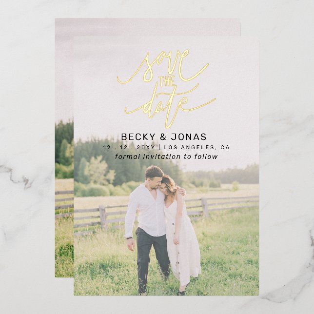  Luxe Gold Calligraphy 2 photos Save The Date  (Front/Back)