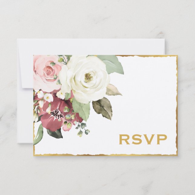 Luxe Gold Edge Mauve Pink White Florals  RSVP Card (Back)