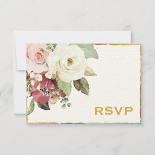 Luxe Gold Edge Mauve Pink White Florals RSVP Card