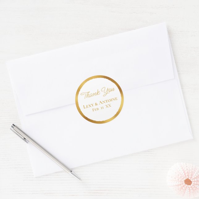 Luxe Gold Edge White Thank You Names Wedding Date Classic Round Sticker (Envelope)