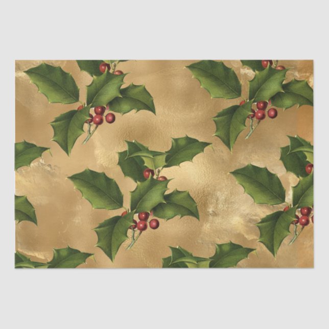 Luxe Gold Foil, Green Holly, Red Berries Tissue Paper (Front)