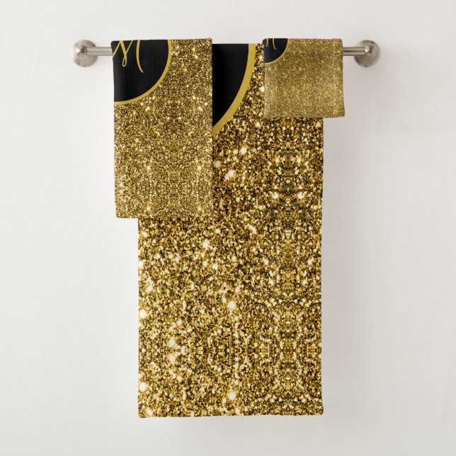 Luxe Gold Glitter Sparkle Custom Monogrammed  Bath Towel Set (Insitu)