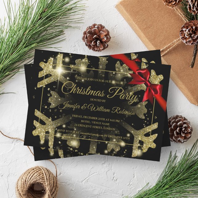 Luxe Gold Glitter Xmas Holiday Red Ribbon Black Invitation (Luxe Gold Glitter Xmas Holiday Red Ribbon Black Invitation)