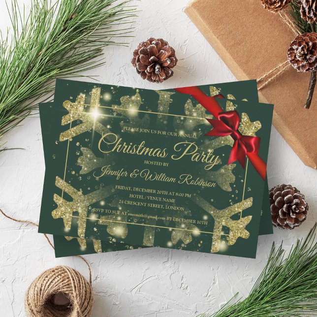 Luxe Gold Glitter Xmas Holiday Red Ribbon Green Invitation (Luxe Gold Glitter Xmas Holiday Red Ribbon Green Invitation)