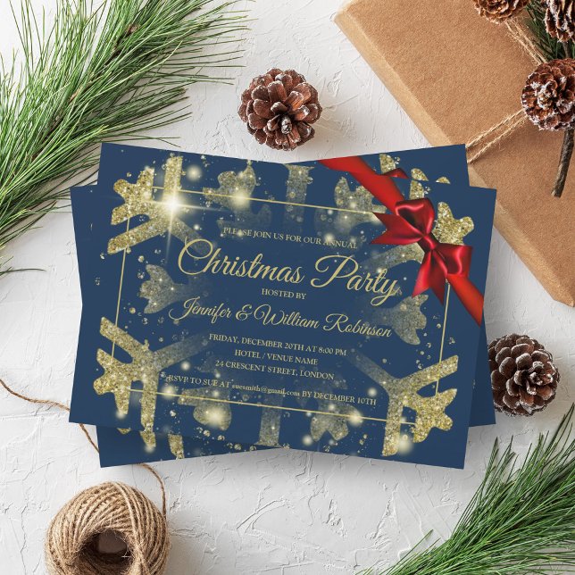 Luxe Gold Glitter Xmas Holiday Red Ribbon Navy  Invitation (Luxe Gold Glitter Xmas Holiday Red Ribbon Navy Invitation)