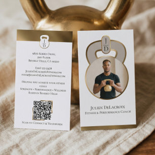 Luxe Gold Kettlebell Monogram Fitness Coach Photo Business Card
