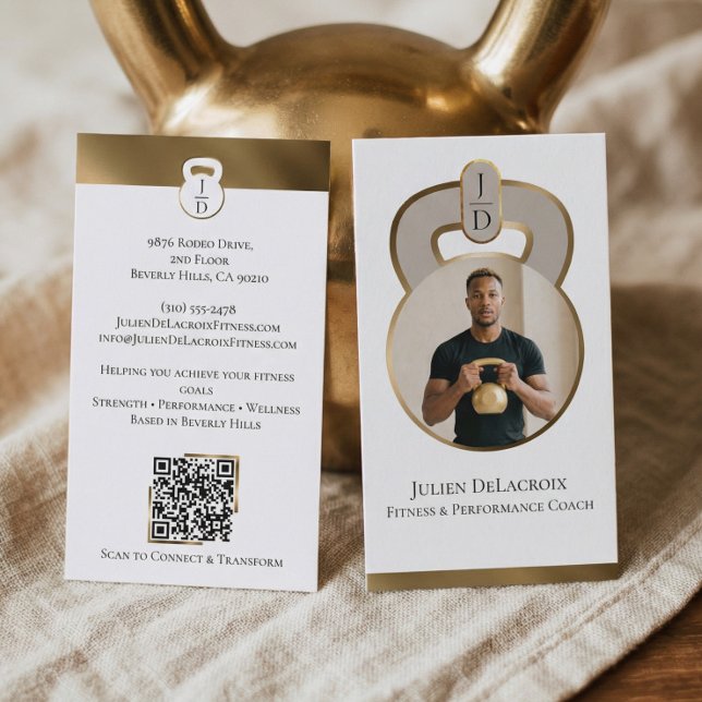 Luxe Gold Kettlebell Monogram Fitness Coach Photo Business Card (Luxe Gold Kettlebell Monogram Fitness Coach Photo Business Card)