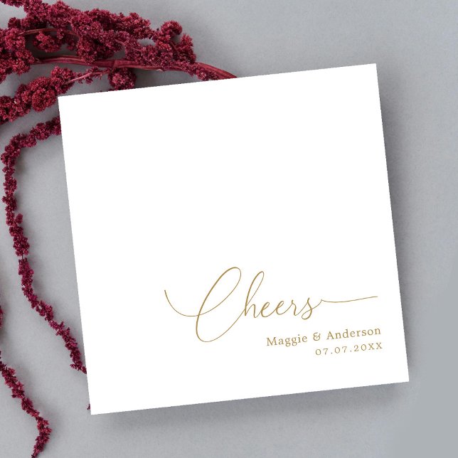 Luxe Gold Monoline Tail Script Cheers Wedding Napkin (Modern and Chic: Personalized Wedding Napkins)