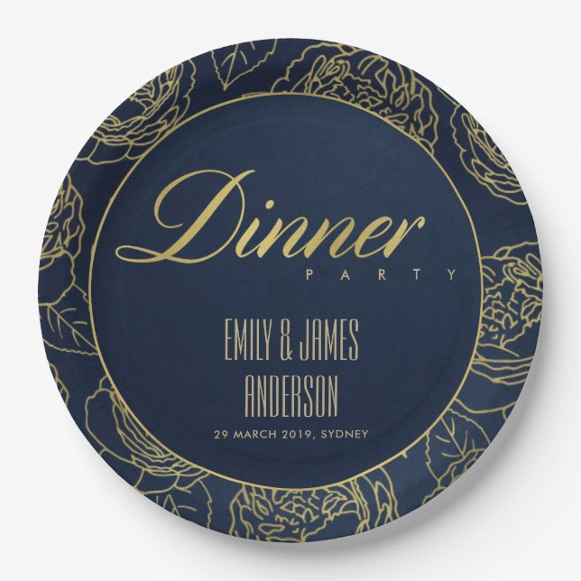 LUXE GOLD NAVY ELEGANT ROSE FLORAL DINNER PARTY PAPER PLATE (Front)