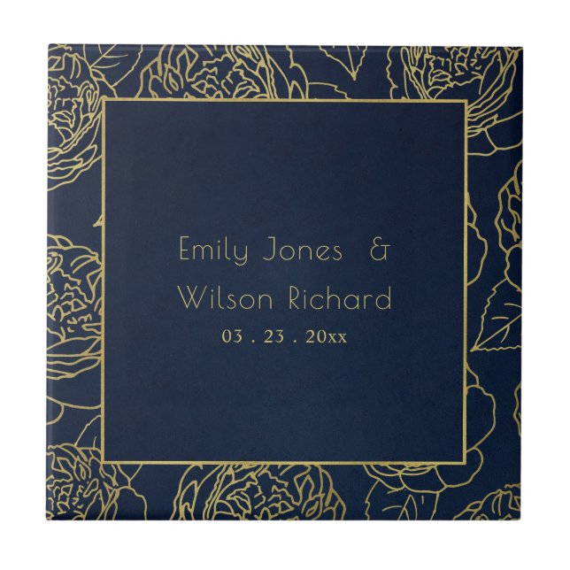 LUXE GOLD NAVY ELEGANT ROSE FLORAL SAVE THE DATE TILE (Front)