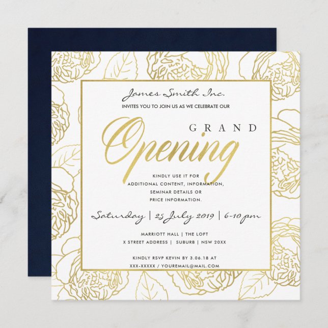 LUXE GOLD NAVY ROSE FLORAL GRAND OPENING CEREMONY INVITATION (Front/Back)