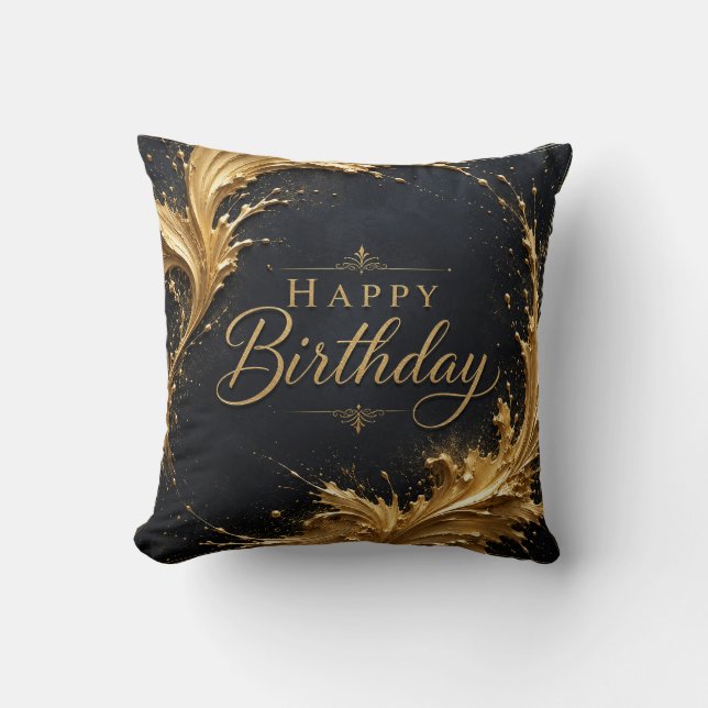 Luxe Gold Splash Birthday Elegance Cushion (Front)