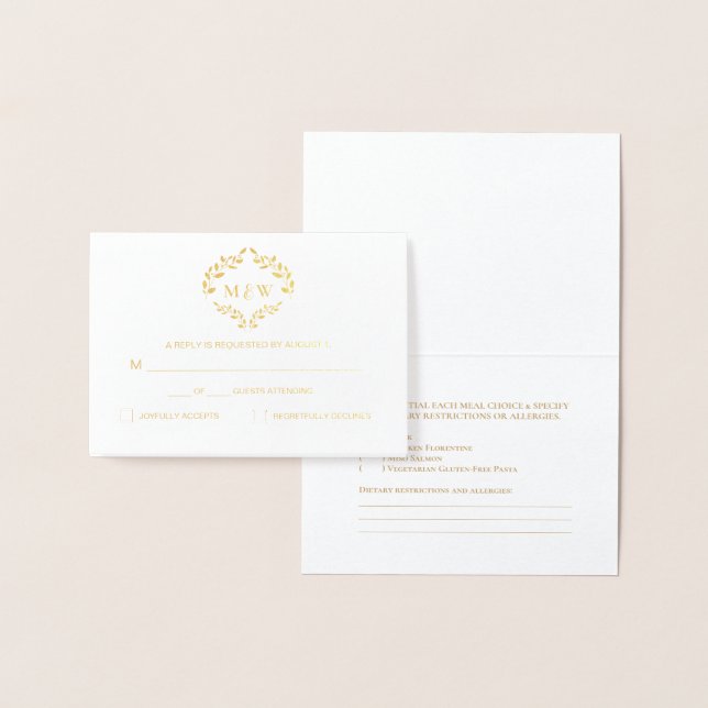 Luxe Gold Wedding monogram crest Meal selection Foil Card (Display)