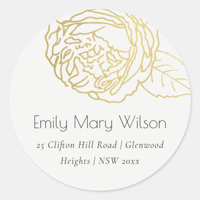 LUXE GOLD WHITE ELEGANT ROSE FLORAL ADDRESS CLASSIC ROUND STICKER (Front)
