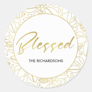 LUXE GOLD WHITE HOLLY BERRIES CHRISTMAS BLESSED CLASSIC ROUND STICKER