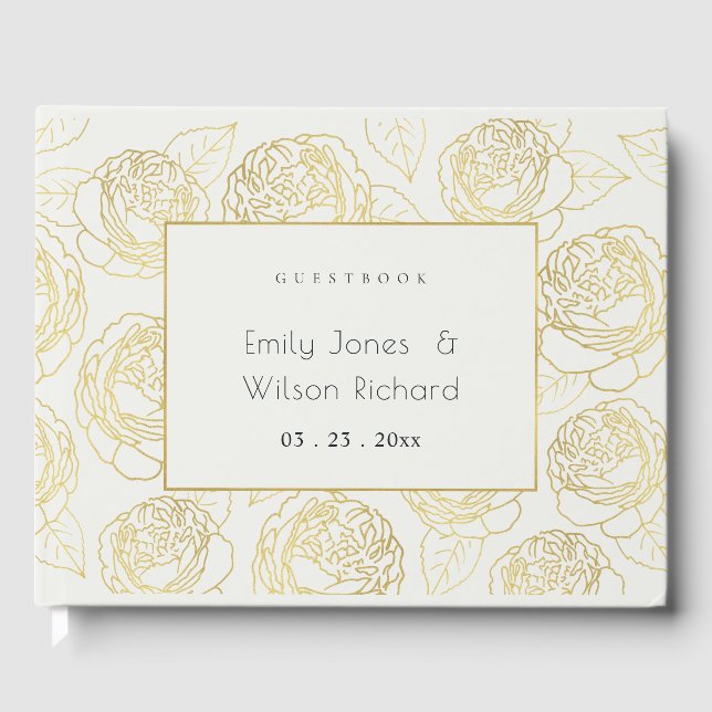 LUXE GOLD WHITE NAVY ELEGANT ROSE FLORAL GUEST BOOK (Front)