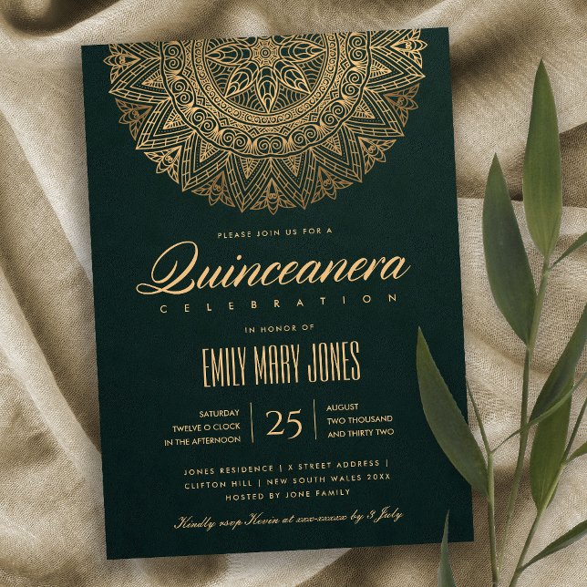 LUXE GREEN GOLD CLASSIC ORNATE MANDALA QUINCEANERA INVITATION (Creator Uploaded)