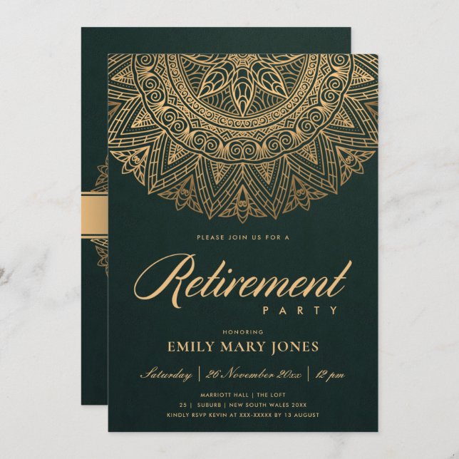 LUXE GREEN GOLD CLASSIC ORNATE MANDALA RETIREMENT INVITATION (Front/Back)