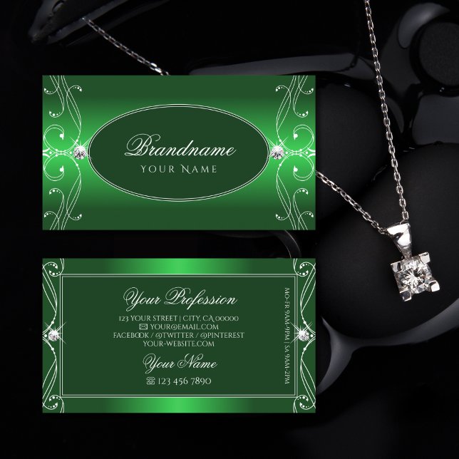 Luxe Green Gradient Ornate Sparkle Jewels Ornament Business Card (Creator Uploaded)