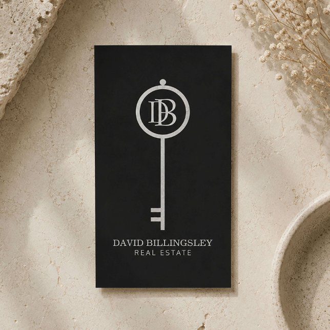 Luxe Grey Skeleton Key Monogram Realtor Business Card (Creator Uploaded)