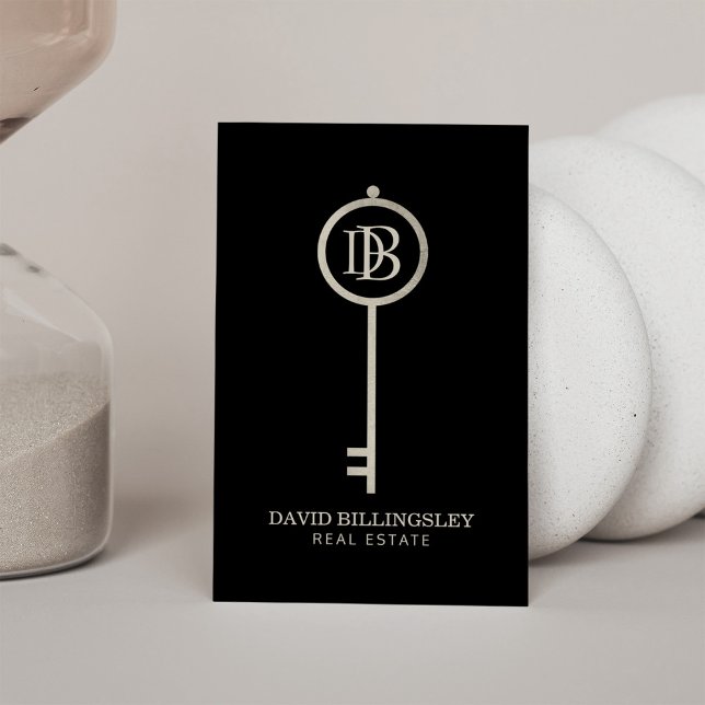 Luxe Grey Skeleton Key Monogram Realtor Business Card (Creator Uploaded)