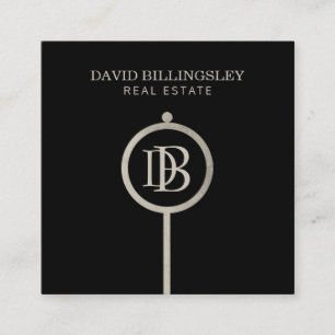 Luxe Grey Skeleton Key Monogram Realtor Square Business Card