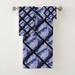 LUXE HAMPTON BLACK PURPLE MARBLE GRID BATH TOWEL SET