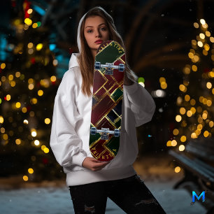 Luxe Holiday Plaid with Golden Accents Burgundy Skateboard
