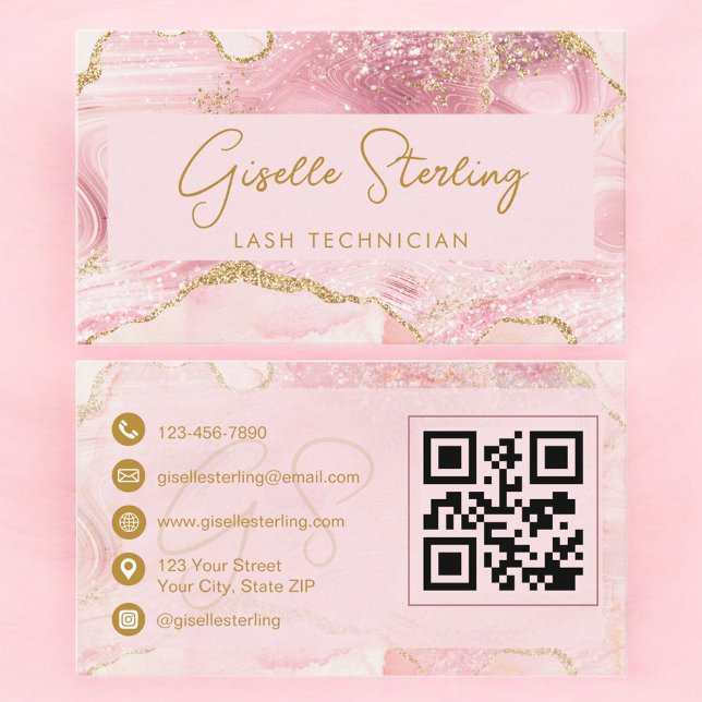 Luxe Lash Technician Blush Pink Gold Agate QR Code Business Card (Creator Uploaded)