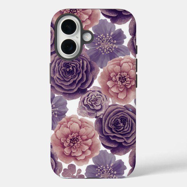 Luxe Lavender Glitter Flowers iPhone 16 Case (Back)