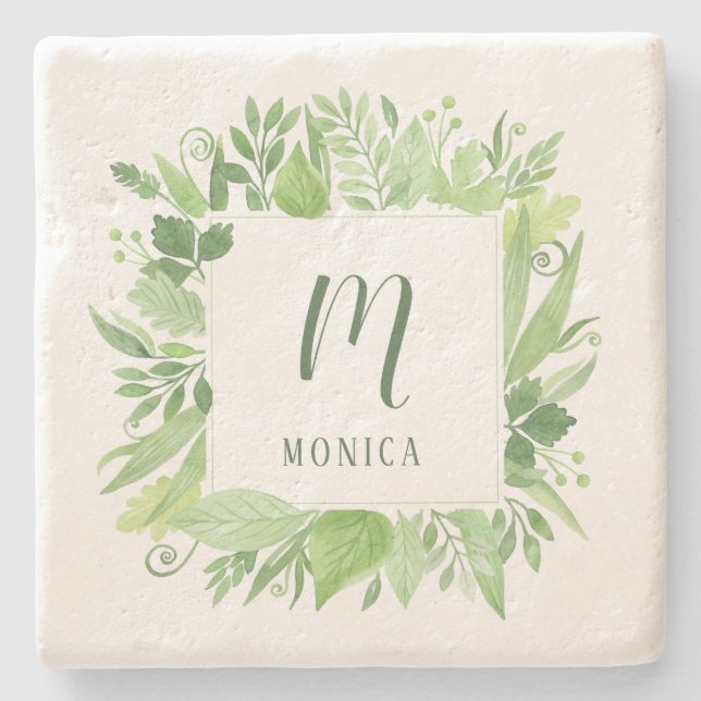 Luxe Leaves | Green Botanical Frame and Monogram Stone Coaster (Front)