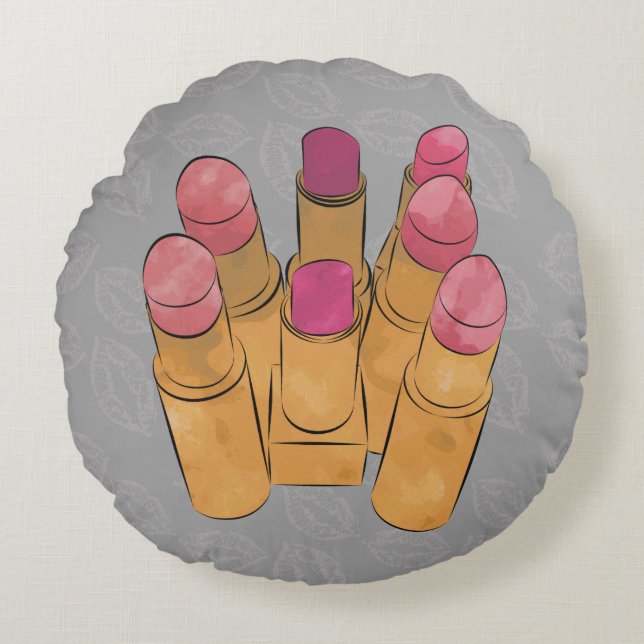 Luxe Lipstick Kiss Grey Round Throw Pillow (Front)