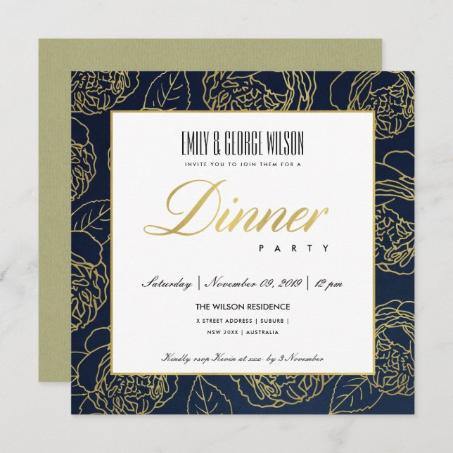 LUXE LUSH NAVY FAUX GOLD ROSE FLORAL DINNER PARTY INVITATION (Front/Back)