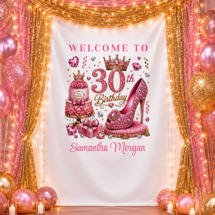 Luxe Magenta Gold Sparkle 30th Birthday Backdrop Tapestry