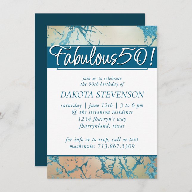 Luxe Marble | Beautiful Coral and Teal Fabulous 50 Invitation (Front/Back)