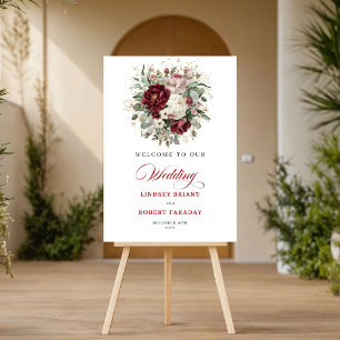 Luxe Marsala Floral Eucalyptus Gold Wedding Welcom Poster