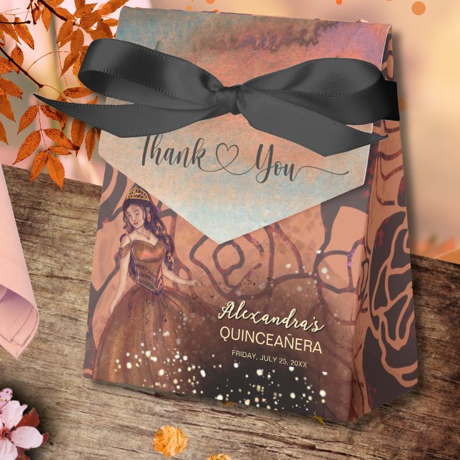 Luxe Metallic Copper Quinceañera Favour Box  (Elegant Vintage Copper Rose Quinceañera Favor Box)