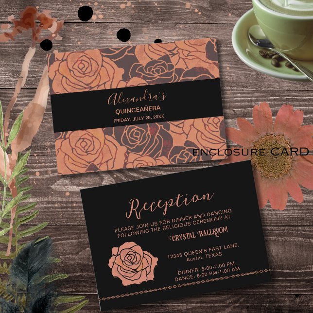 Luxe Metallic Copper Rose  Quinceañera Reception  Enclosure Card (Elegant Vintage Copper Rose Quinceañera Reception Enclosure Card)