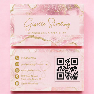 Luxe Microblading Blush Pink Gold Agate QR Code Business Card