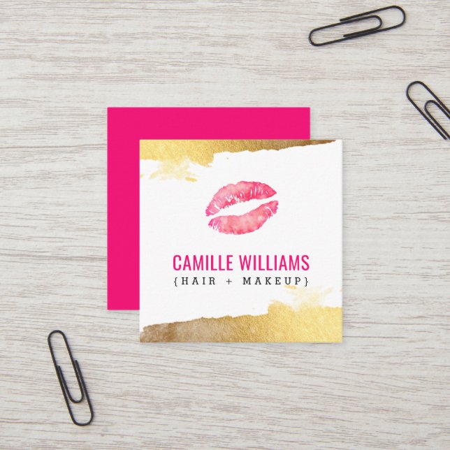 LUXE MINIMALIST luxe gold pink watercolour kiss Square Business Card (Front/Back In Situ)
