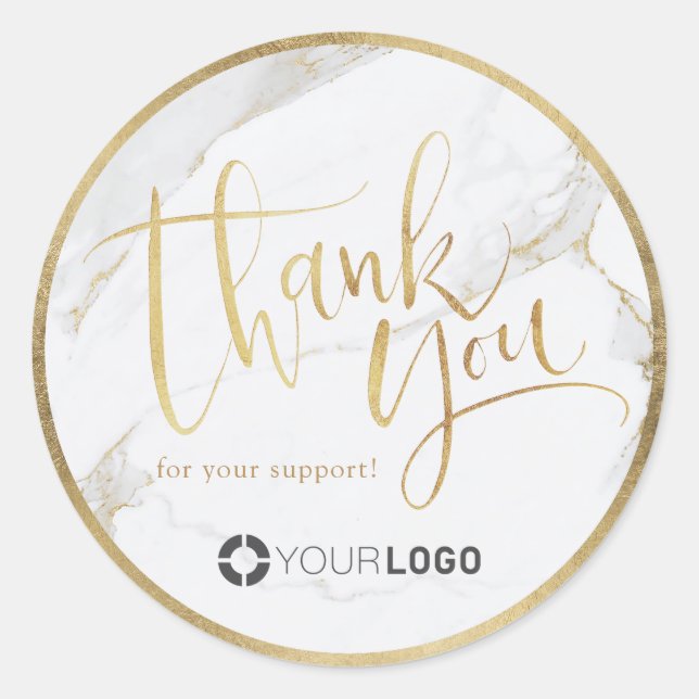 Luxe modern marble faux gold thank you script classic round sticker (Front)