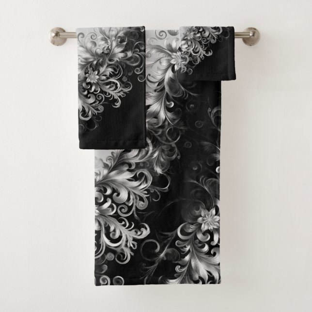Luxe Monochrome Grey and Black with Silver Bath Towel Set (Insitu)