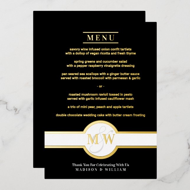 Luxe Monogram Modern Elegant Menu Black And Gold (Front/Back)